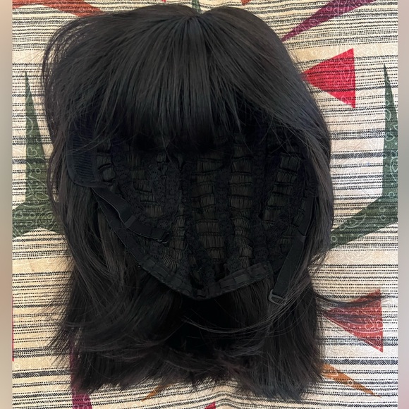 12” Natural Looking Short Black Heat Resistant Synthetic Wig With Bangs - Picture 8 of 11